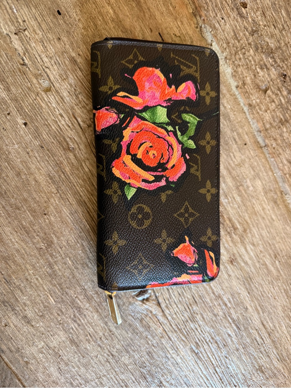Louis Vuitton Brown Monogram Wallet with Pink & Green Floral Print